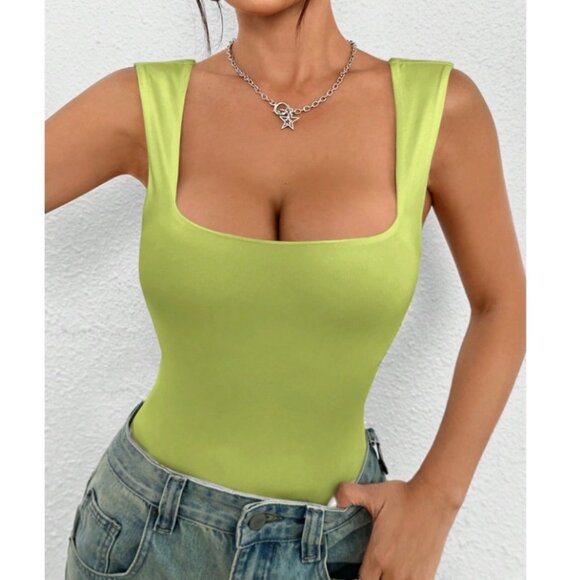 SHEIN Tops - NWT Petite Solid Square Neck Tank Lime Green Bodysuit Size Large